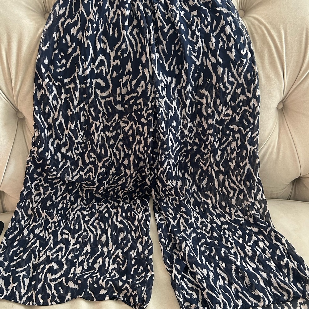 Blue and White Wide Leg Pants with Flowing Design
